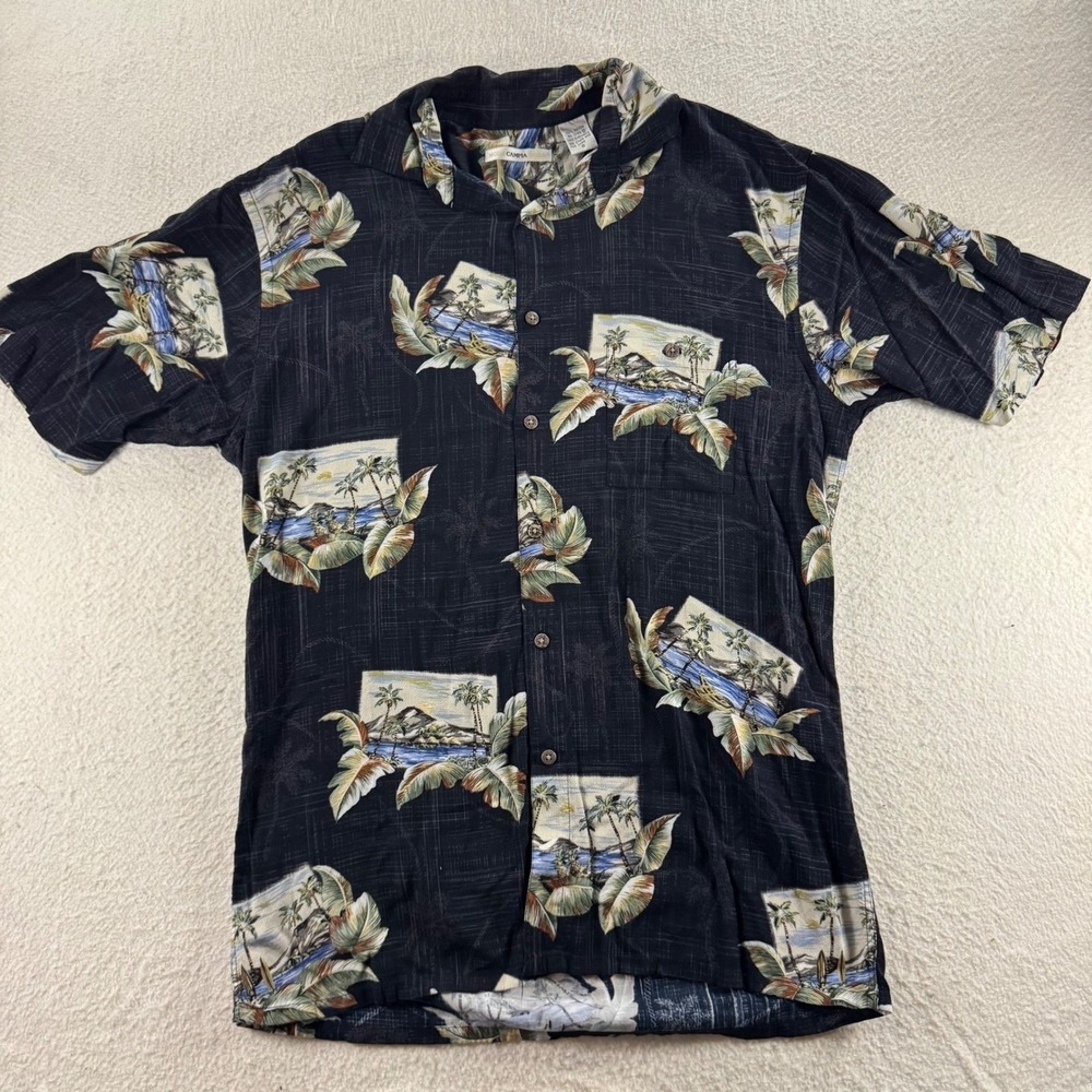 Moda Campia Hawaiian Shirt Mens Small Black Tropical Postcard Rayon Excellent